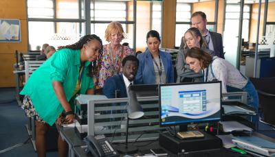 Jo Martin as Suzie Harris, Samantha Bond as Judith Potts, Tijan Sarr as DC Jason Kennedy, Natalie Dew as DS Tanika Malik, Holli Dempsey as DC Alice Hakett, Phill Langhorne as DS Brendan Perry, and Cara Horgan as Becks Starling in 'The Marlow Murder Club' Season 2