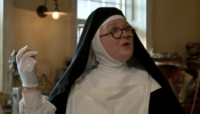 Picture shows: Sister Boniface (Lorna Watson) greets the dawn after an all-nighter in the laboratory.