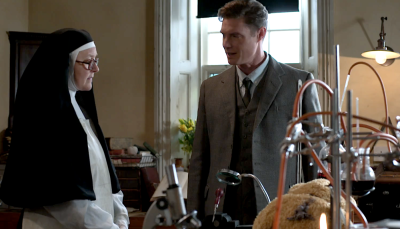 Picture shows: Sister Boniface (Lorna Watson) and DI Sam Gillespie (Max Brown) discuss the case in the lab.