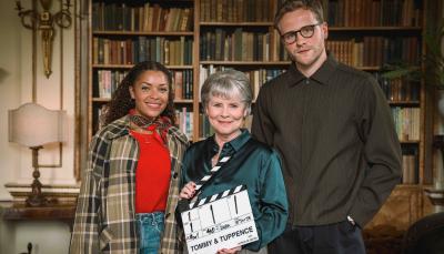 Antonia Thomas, Imelda Staunton and Josh Dylan on the set of 'Tommy & Tuppence'