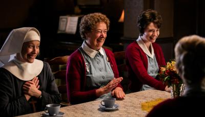 Sister Winifred (Victoria Yeates), Nurse Crane (Linda Bassett) and Nurse Dyer (Jennifer Kirby) have a surprise for their colleague  (Photo: courtesy of Neal Street Productions 2016)