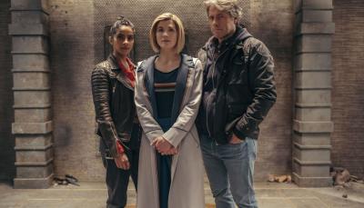 Jodie Whittaker as the Thirteenth Doctor, Mandip Gill as Yaz, and John Bishop as Dan in 'Doctor Who' Season 13