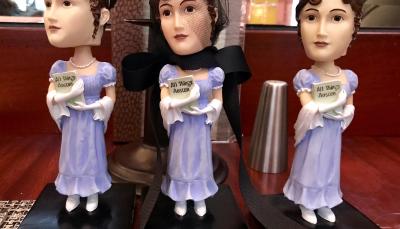 Three Jane Austen bobbleheads meet to discuss the merits of long sleeves this season. (image courtesy of © 2017 Julie Arnold)