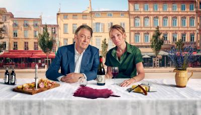 Roger Allam as Antoine Verlaque and Nancy Carroll as Marine Bonnet at the dinner table in 'Murder in Provence'
