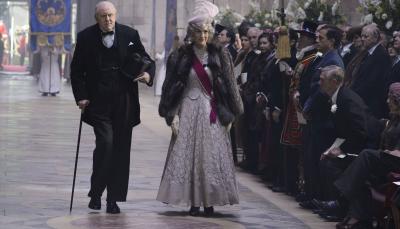 Harriet Walter as Clementine Churchill with John Lithgow as Winston in The Crown Season 1
