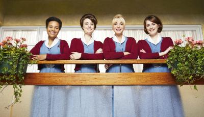 Leonie Elliott as Lucille, Jennifer Kirby as Valerie, Helen George as Trixie, Charlotte Ritchie as Barbara in Call the Midwife Season 7 (Photo: Courtesy of Neal Street Productions 2018)