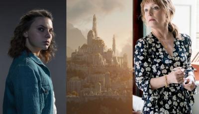 Dafne Keen in His Dark Materials, Lesley Manville in Magpie Murder, a Lord of the Rings still