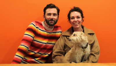 David Tennant, Olivia Colman and an adorable furry guest on his new podcast (Photo: Acast)