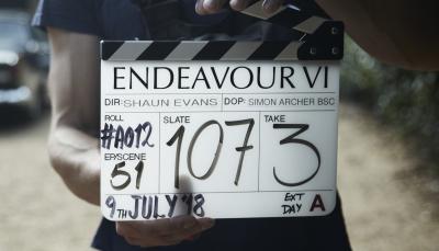 A production slate from the start of "Endeavour" Season 6 filming. (Photo Credit: Courtesy of ITV and MASTERPIECE)