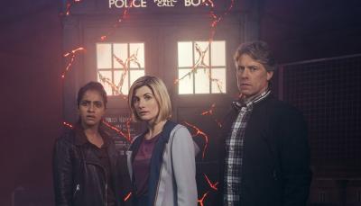 Mandip Gill, Jodie Whittaker and John Bishop in Doctor Who: Eve of The Daleks