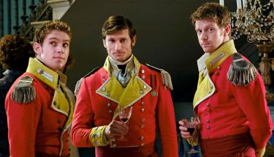 Tom Weston-Jones as Colonel Lennox, Frank Blake as Captain Declan Fraser and Maxim Ays as Captain William Carter in Sanditon Season 2