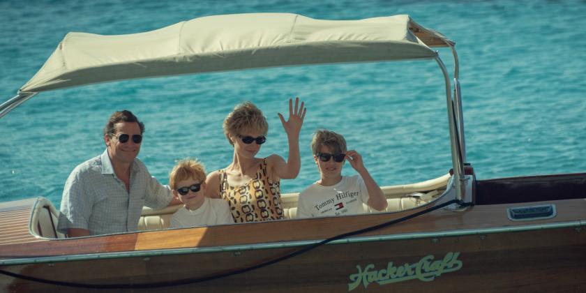 Elizabeth Debicki, Dominic West, Teddy Hawley and Timothy Sambor in "The Crown"