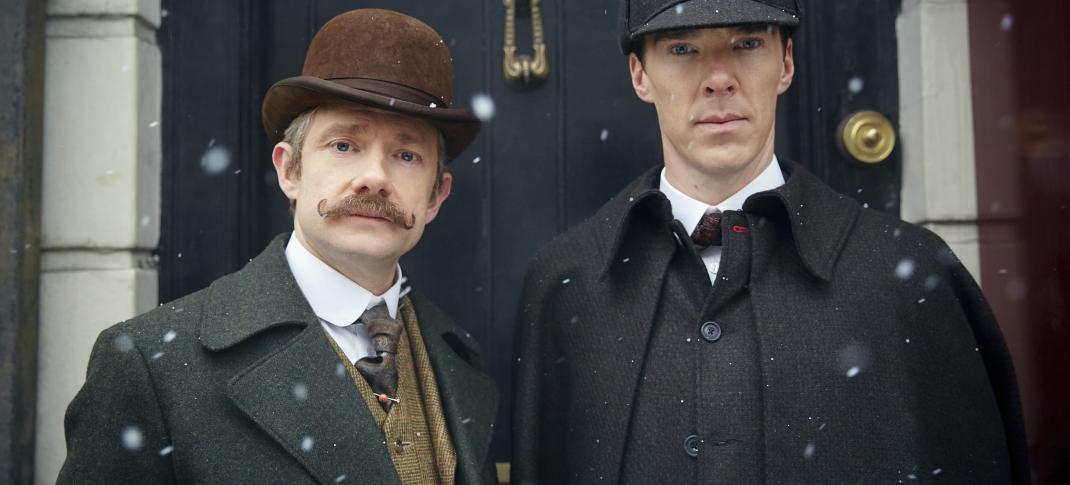 Martin Freeman and Benedict Cumberbatch, all dressed up like it's 1895. (Photo:  Courtesy of © Robert Viglasky/Hartswood Films and BBC Wales for BBC One and MASTERPIECE) 