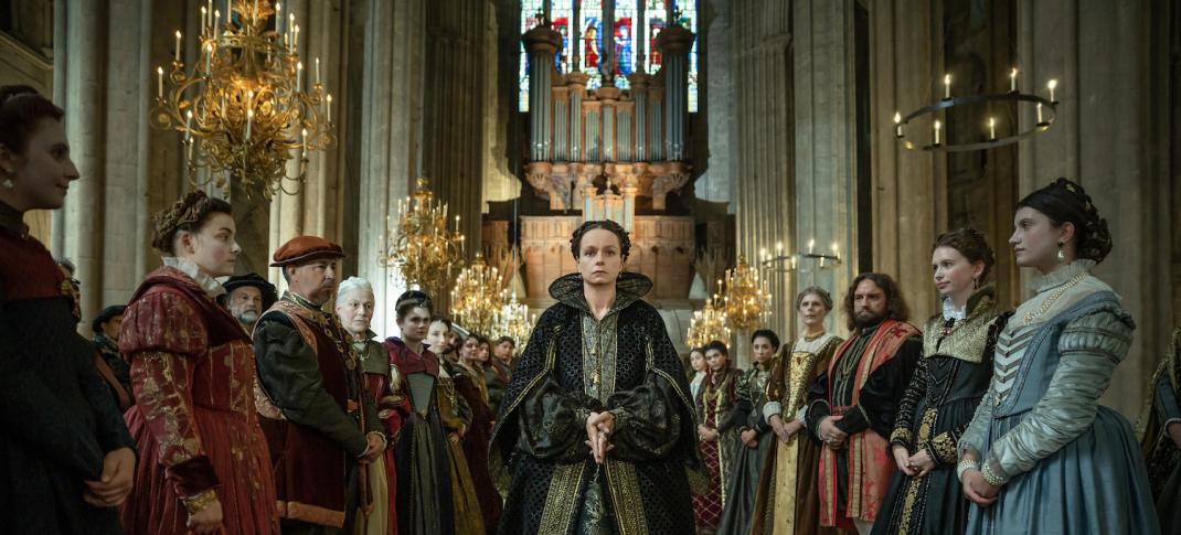 Picture shows: Flanked by courtiers, Catherine approaches the altar to crown her son and officially become the most powerful woman in France