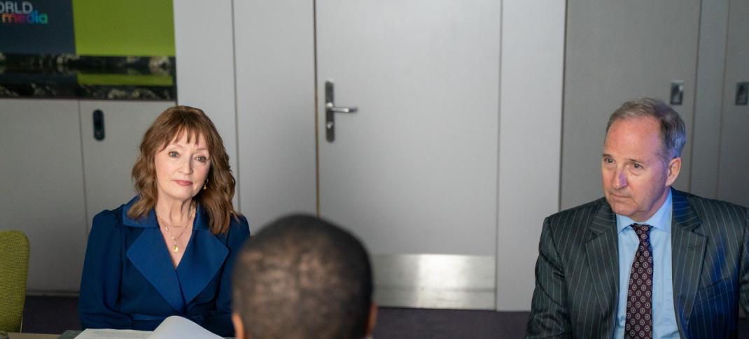 Picture shows: Lesley Manville as Susan Ryeland and Michael Maloney as Charles Clover at business meeting in PBS' 'Magpie Murders'