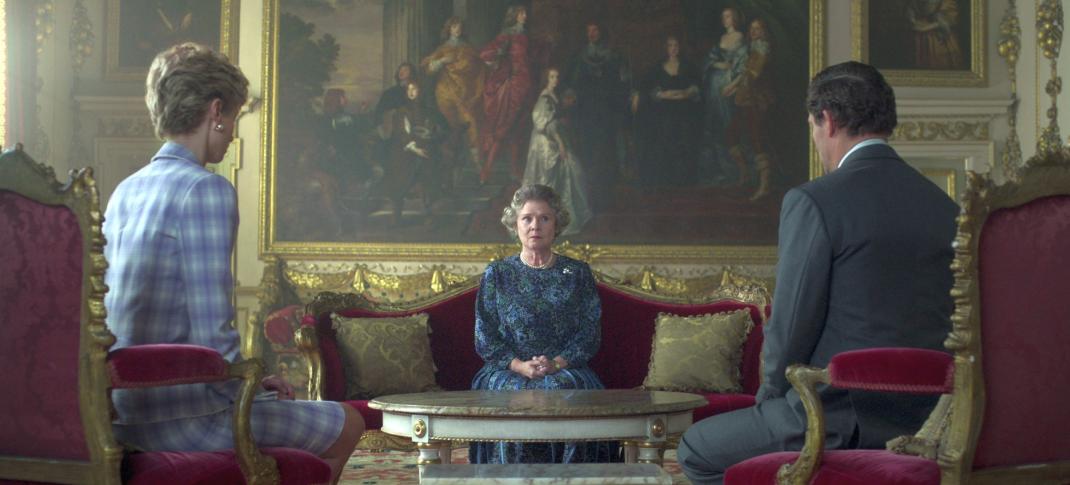 Picture shows: Imelda Staunton as Queen Elizabeth II, Dominic West as Prince Charles and Elizabeth Debicki as Diana in Season 5 of The Crown