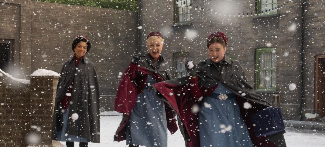 Picture shows: Nurse Lucille (Leonie Elliott), Nurse Trixie (Helen George), and Nurse Nancy (Megan Cusack) in Call The Midwife Season 12