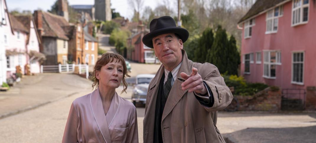 Picture shows: Lesley Manville as Susan Ryeland and Tim McMullan as Atticus Pund approaching the Queen's Arms in PBS' Magpie Murders