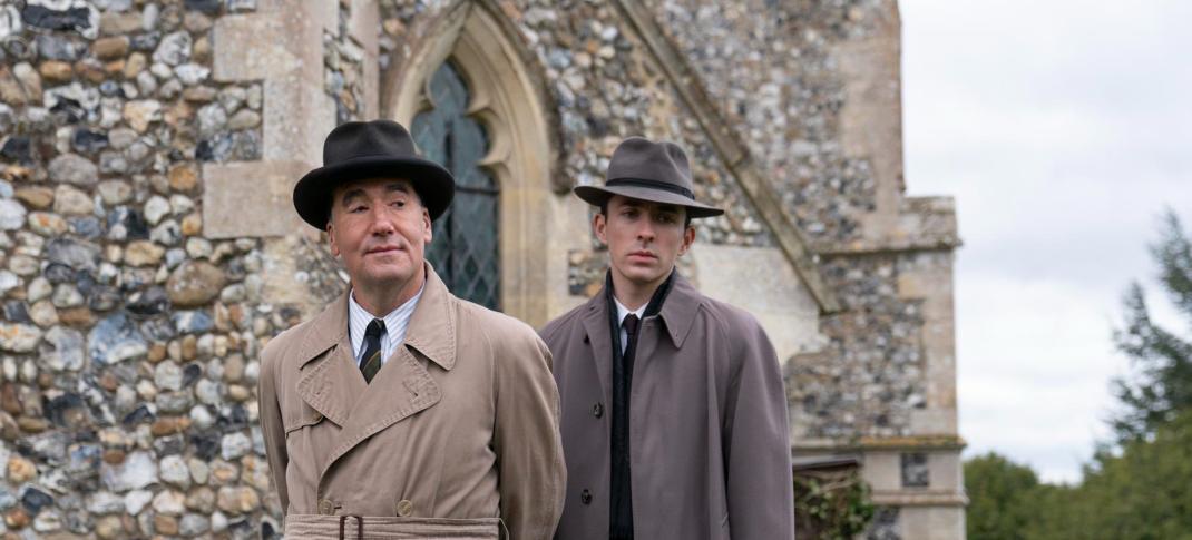 Picture shows: Tim McMullen as Atticus Pund and Matthew Beard as James Fraser in the cemetery in PBS' 'Magpie Murders'