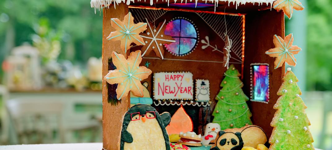 Picture shows: Kim-Joy's Cosy Winter Scene Shadow Box Showstopper in 'The Great British Baking Show: Holidays' Season 5