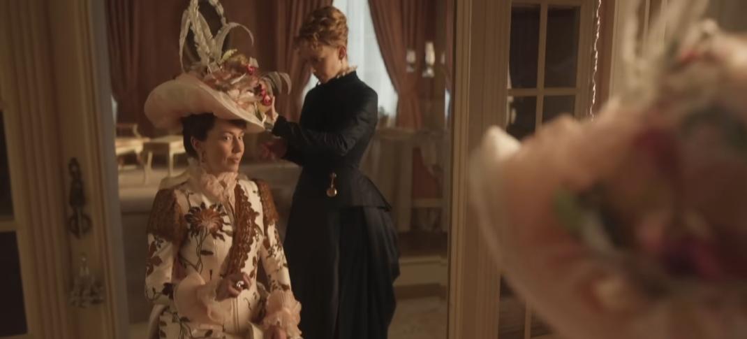 Picture shows: Carrie Coon's hat game remains strong in The Gilded Age Season 2