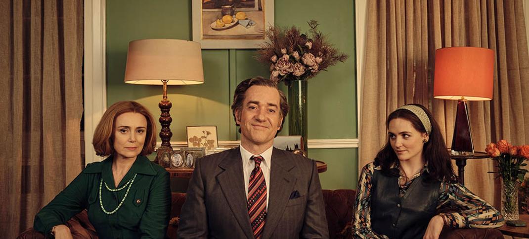 Picture shows: Keeley Hawes as Barbara Stonehouse, Matthew Macfadyen as John Stonehouse, and Emer Heatley as Sheila Buckley in 'Stonehouse'