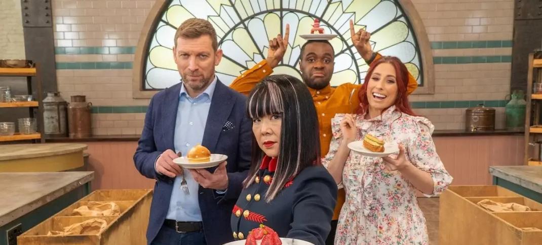 Judges Benoit Blin and Cherish Finden and hosts Stacey Solomon and Liam Charles in The Great British Baking Show: The Professionals Season 6