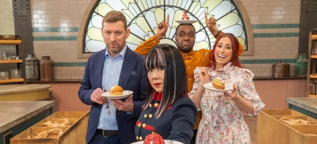 Judges Benoit Blin and Cherish Finden and hosts Stacey Solomon and Liam Charles in The Great British Baking Show: The Professionals Season 6