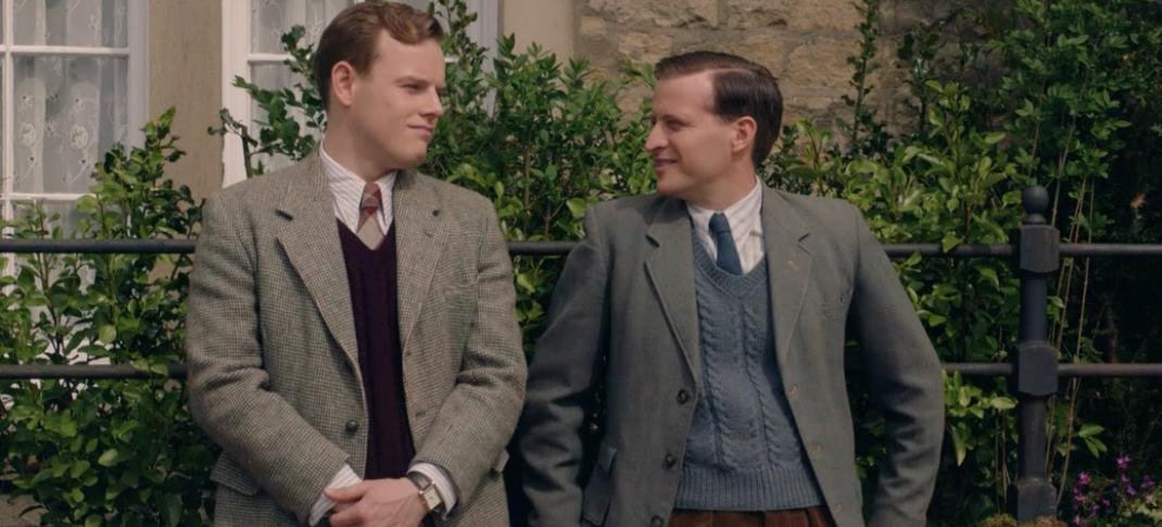 Picture shows: Tristan Farnon (Callum Woodhouse) and James Herriot (Nicholas Ralph) in conversation, smiling, and leaning on the wall outside Skeldale House