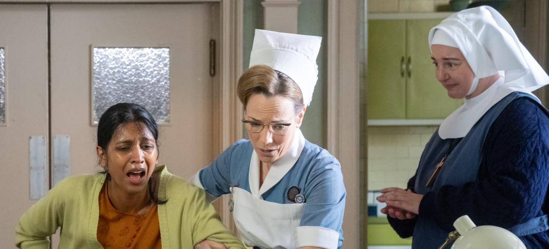 Picture shows: A pregnant Asian woman Zoya Patel (Hiral Varsani) in labor is helped by Nurse Shelagh Turner (Laura Main) while Sister Veronica (Rebecca Gethings) looks on.