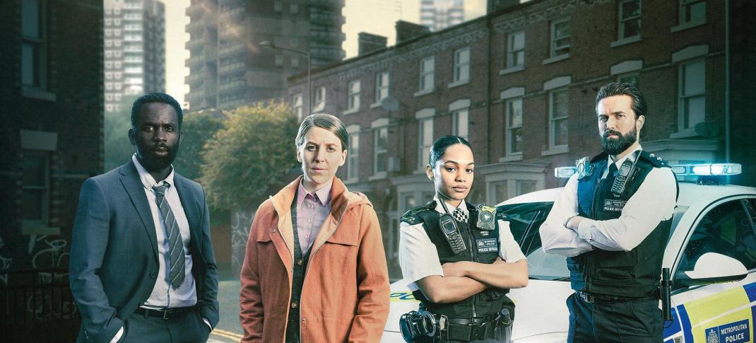 Jimmy Akingbola as DC Steve Bradshaw, Gemma Whelan as DS Sarah Collins, Tahirah Sharif as PC Lizzie Adama, and Emmett J. Scanlan as DI Kieran Shaw in 'The Tower' Key Art