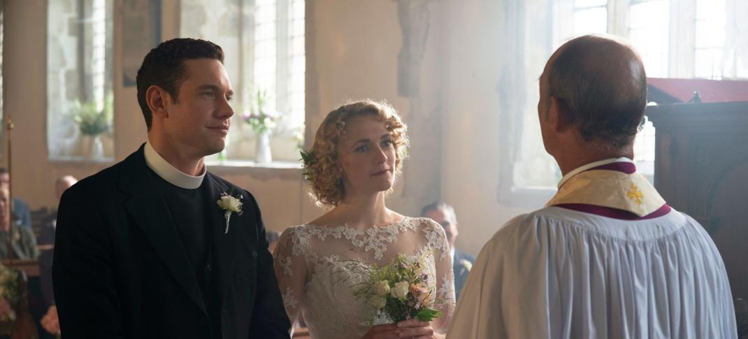 Tom Brittney as Rev. Will Davenport and Charlotte Ritchie as Bonnie Evans in the 'Grantchester' Season 7 Finale