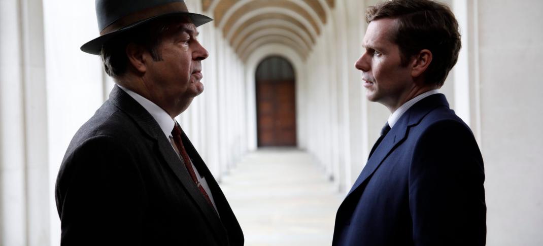 Roger Allam as Fred Thursday and Shaun Evans as Endeavour Morse face off in a alcove in Endeavour: The Final Season