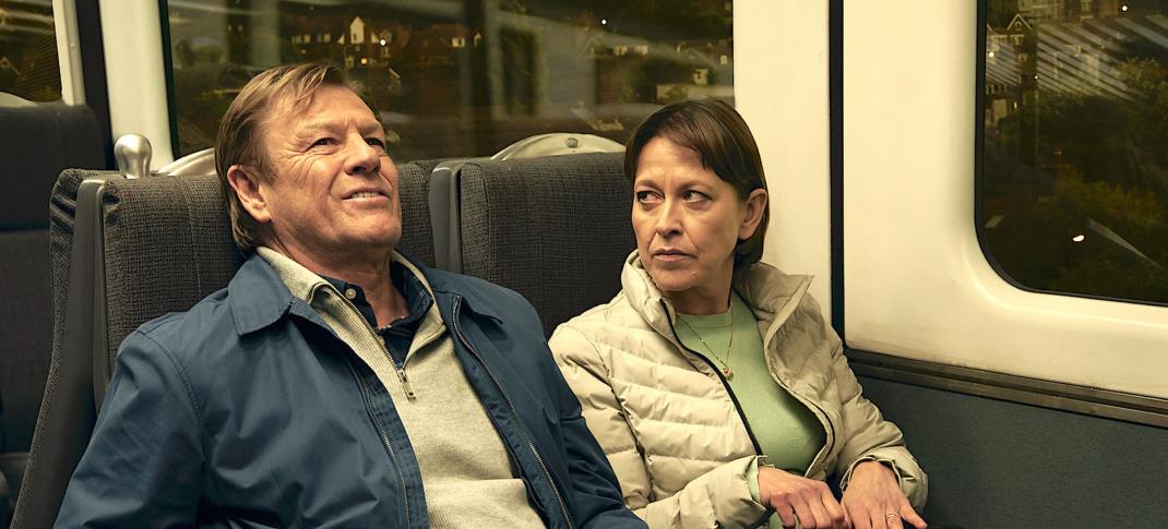 Sean Bean as Ian and Nicola Walker as Emma riding the tube in Marriage. 