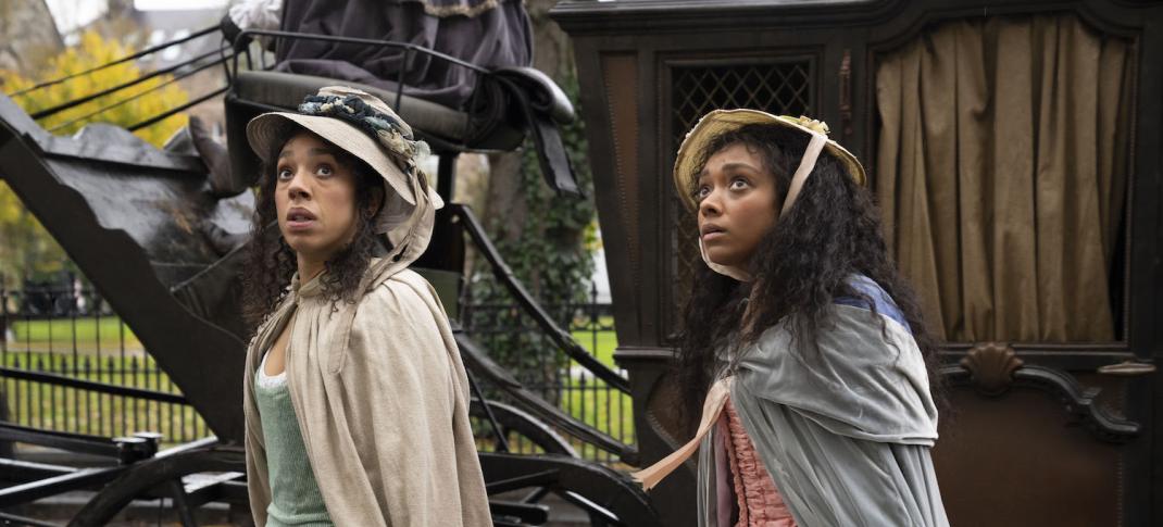 Picture shows: Sophia Western (Sophie Wilde) and her maid Honour Newton (Pearl Mackie) look around nervously as they walk the streets of London.