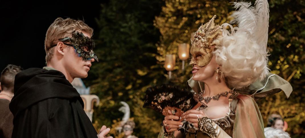 Picture shows: Both masked, Lady Bellaston (Hannah Waddingham) and Tom Jones (Solly McLeod) meet in a dark pleasure garden.