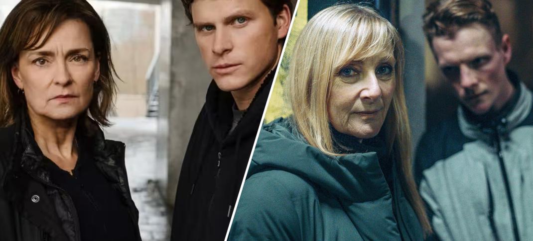 Marie Richardson and Adam Pålsson as Hannah and her son Christian in the original Swedish version of Before We Die and Lesley Sharp and Patrick Gibson as the same characters striking the same pose in Before We Die's UK remake.
