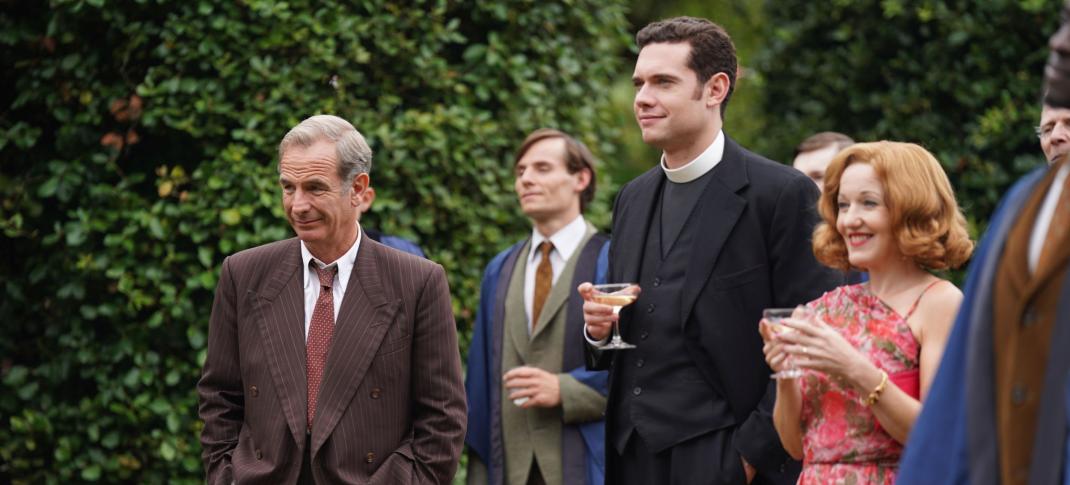 Robson Green as Geordie Keating, Tom Brittney as Will Davenport, and Kacey Ainsworth as Cathy Keating at a garden party in Grantchester Season 8 