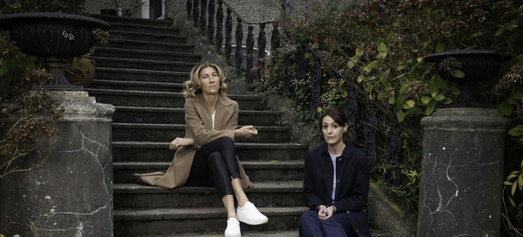 Suranne Jones as Becca and Eve Best as Rosaline sit on  the stoop in Maryland Episode 1 