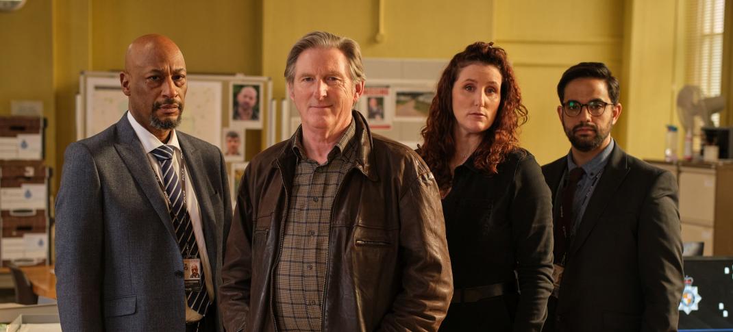 Terence Maynard as DCI Paul Goodwin, Adrian Dunbar as Alex Ridley, Bronagh Waugh as DI Carol Farman, and George Bukhari as DC Darren Lakhan pose for a group photo in Ridley Season 1