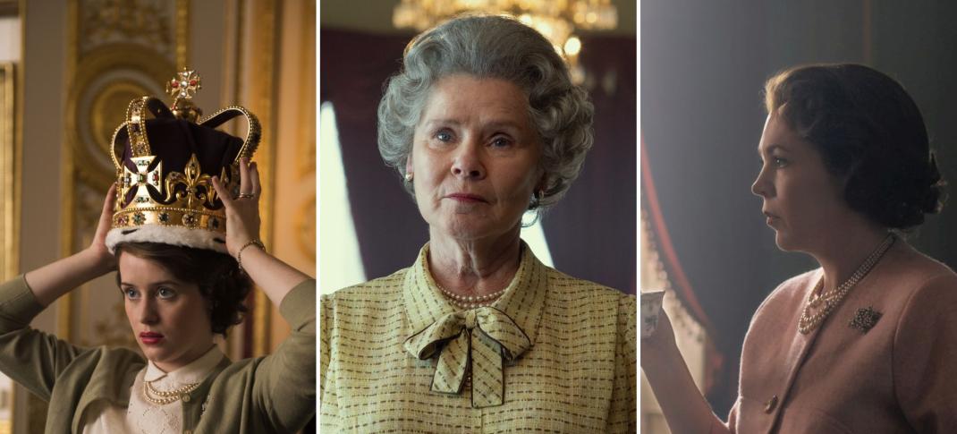 Claire Foy, Imelda Staunton, Olivia Colman as their three versions of Elizabeth in The Crown