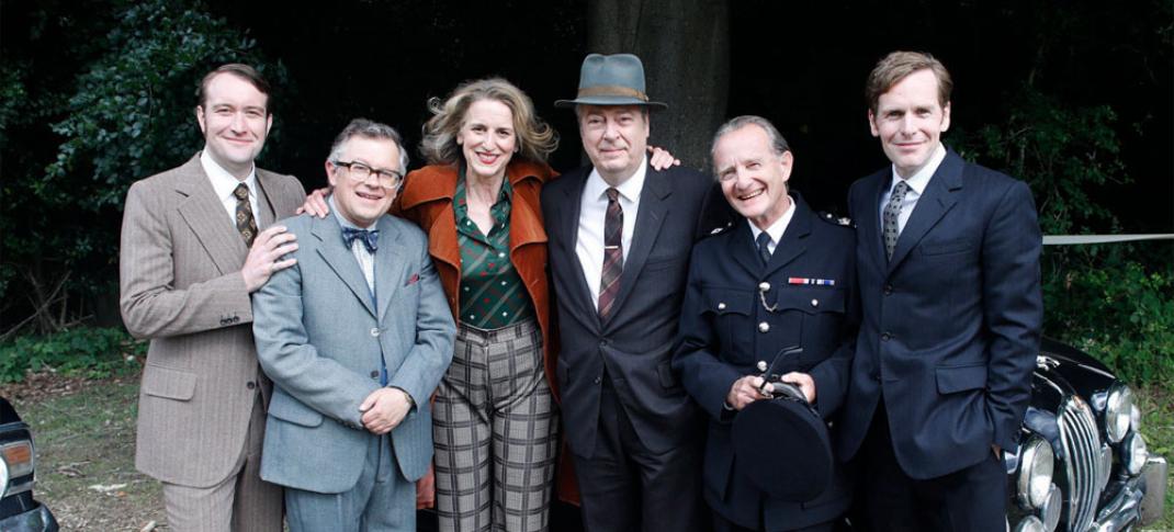 Picture shows: The main cast of Endeavour: DS Jim Strange (Sean Rigby), Dr. Max DeBryn (James Bradshaw), Dorothea Frazil (Abigail Thaw), CS Reginald Bright (Anton Lesser), Sgt. Endeavour Morse (Sean Evans).