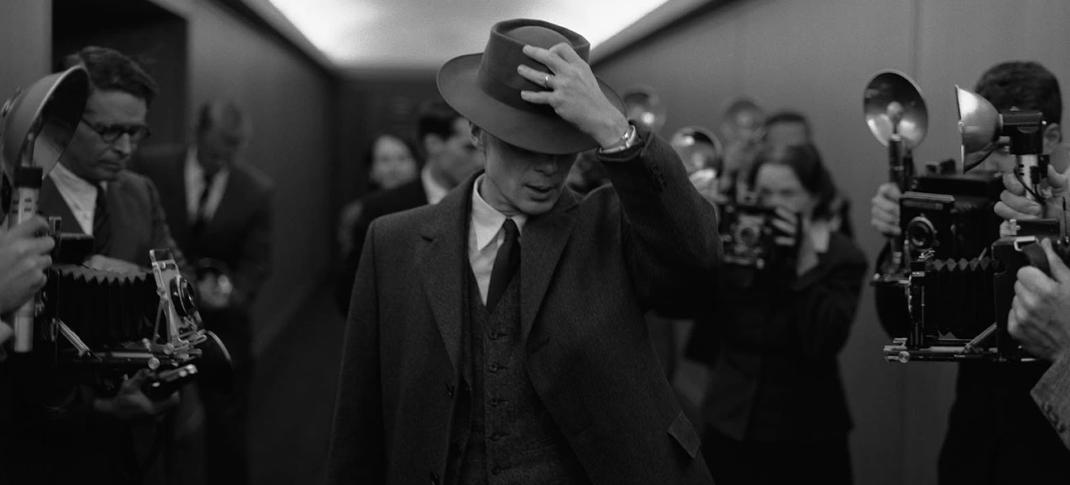 Cillian Murphy as Oppenheimer in a black and white publicity still from the film