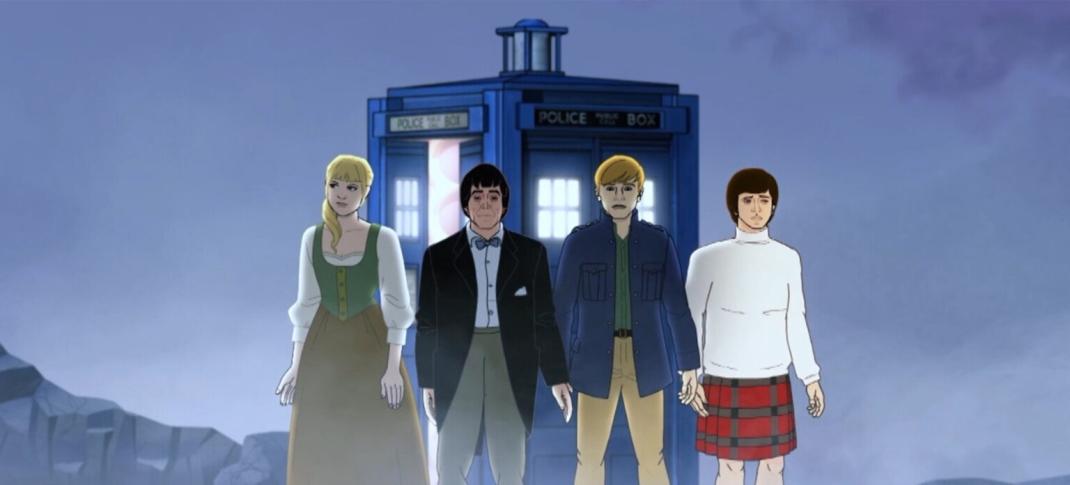 An animated version of Second Doctor Patrick Troughton and co-stars Anneke Wills, Michael Craze and Frazer Hines 