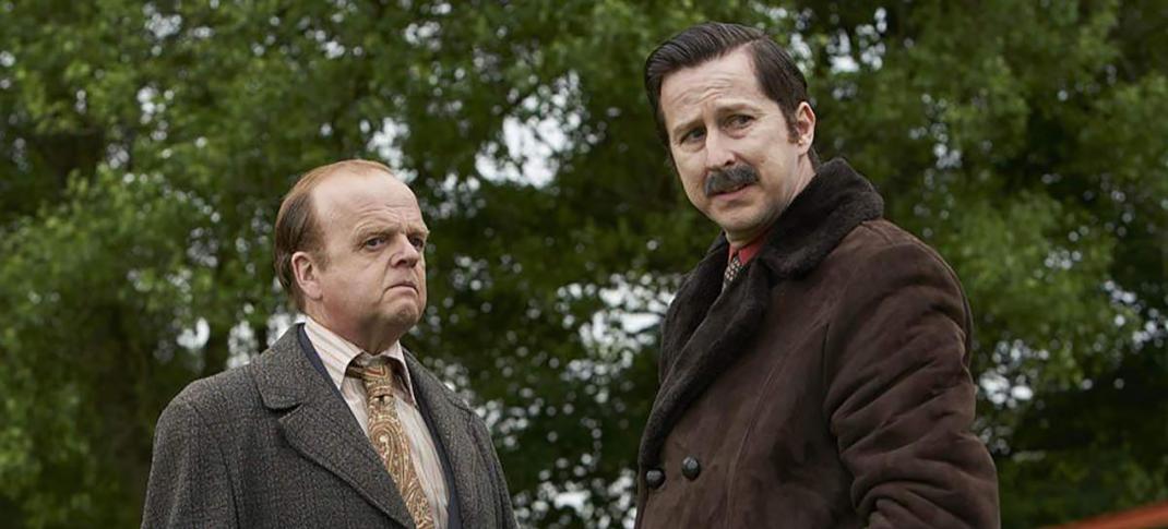 Toby Jones as DCS Dennis Hoban and Lee Ingleby as DCS Jim Hobson on the scene of the crime in 'The Long Shadow'