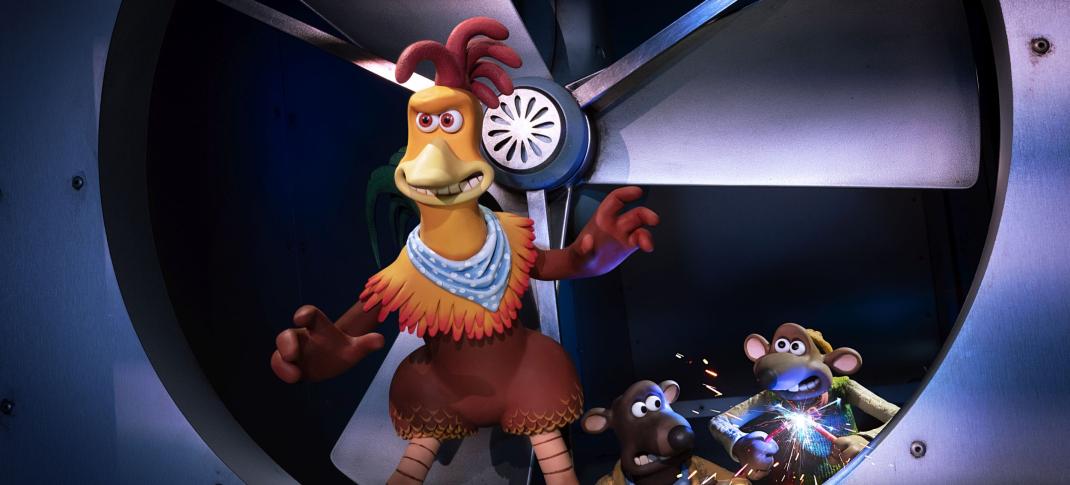 Zachary Levi as Rocky, Romesh Ranganathan as Nick, and Daniel Mays as Fetcher breaking into an air vent in Chicken Run: Dawn of the Nugget