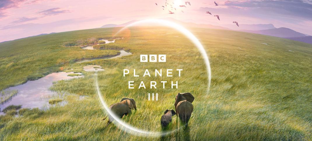 The key art for Planet Earth III, featuring a family of elephants in the savannah