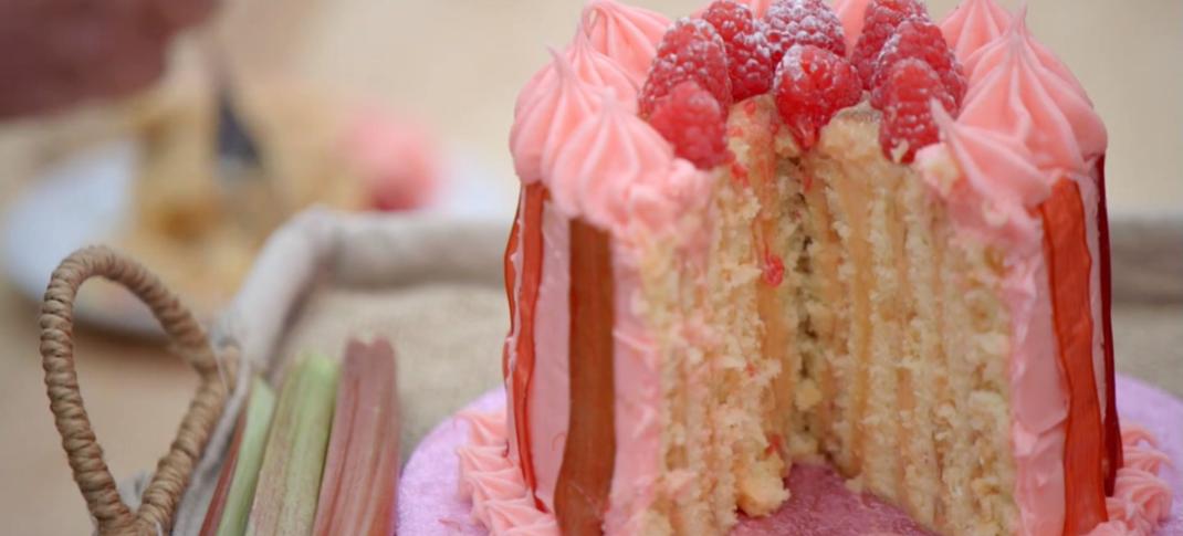  Dan's Rhubarb and Raspberry Vertical Layer Cake from the Cake Week Signature Challenge has perfect lines in 'The Great British Baking Show'