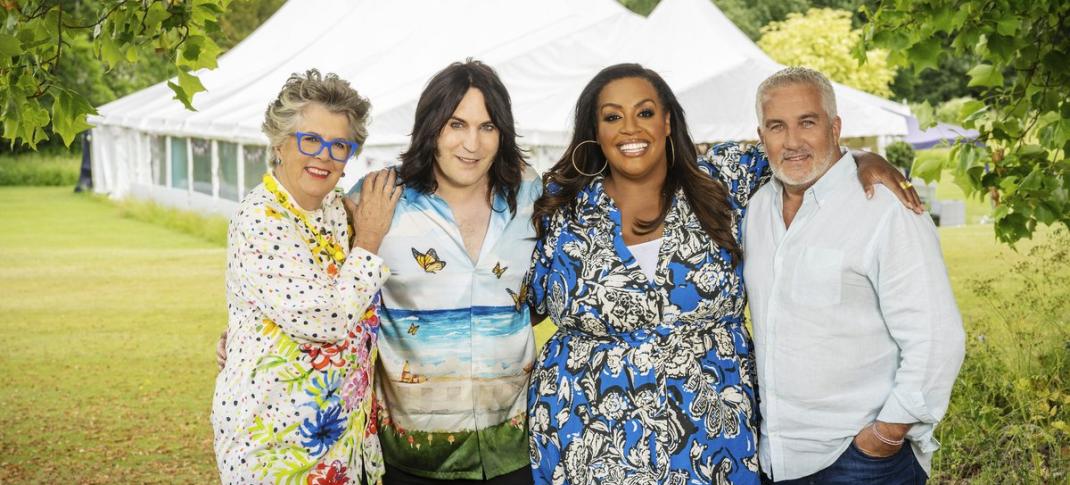 Prue Leith, Noel Fielding, Alison Hammond, and Paul Hollywood stand in front of the tent in 'The Great British Baking Show' Season 14