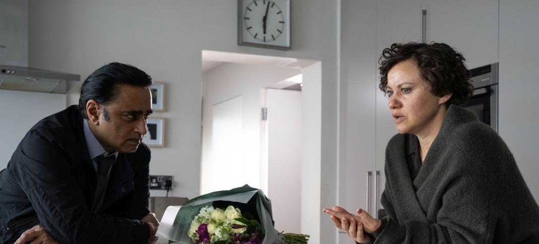 Sanjeev Bhaskar as DI Sunny Khan and Michelle Bonnard as Sal have a heart to heart in the kitchen in 'Unforgotten' Season 5